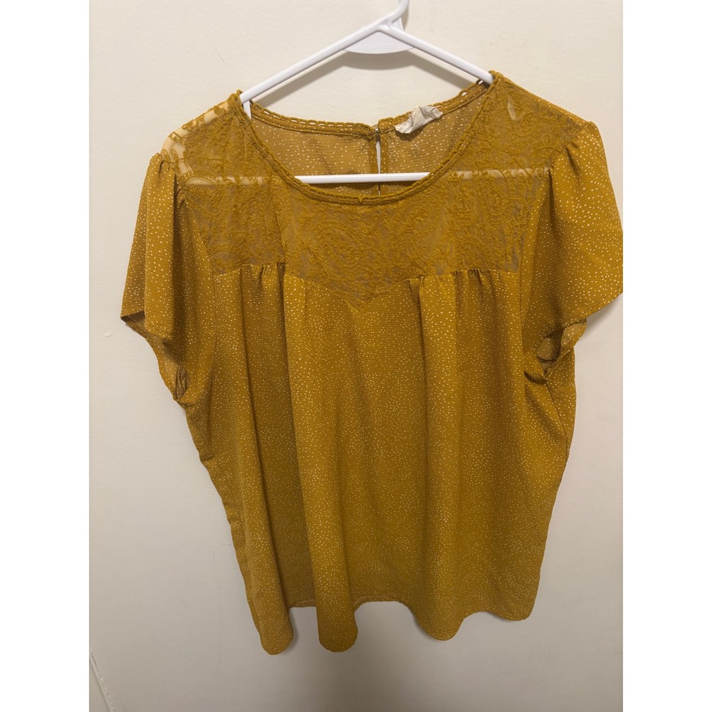 Perch by Blu Pepper Mustard Yellow Polka Dot Lace Yoke Blouse 2XL